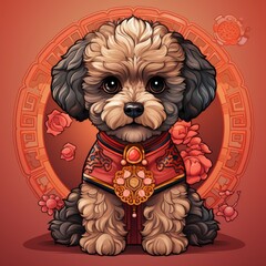 Cute Poodle Dog Wearing Traditional China Costume, Cartoon, Icon Illustration