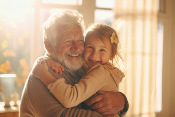 An elderly man with a little girl in the room. They hug, have fun and rejoice at the meeting. A little granddaughter and her grandfather are sitting on the sofa and hugging. Caring for the elderly. - Powered by Adobe