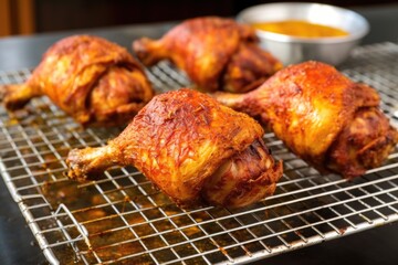 Fototapeta premium freshly made jerk drumsticks on a metal wire rack