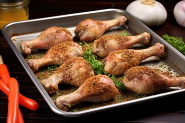 Fototapeta premium uncooked drumsticks being coated in jerk seasoning