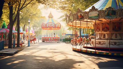 Amusement park with carousels and attractions at daytime