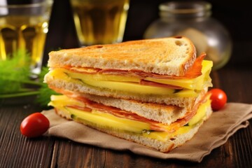 a sandwich with slices of smoked cheese