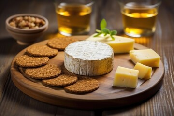 smoked cheese crumbles on a round shaped wooden platter