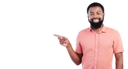 Isolated African man, point and portrait with smile, promotion and review by transparent png background. Happy young guy, finger and show for choice, decision or suggestion with sign for feedback