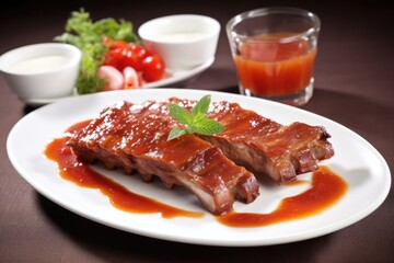 ribs with thick sauce served on a glass plate
