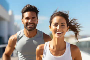 Couple doing sport together outdoor, running together. Morning run. Healthy lifestyle. Sport concept