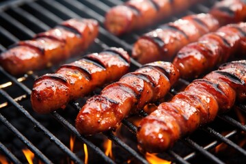 juicy smoked sausage links on a charcoal grill grate
