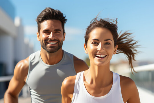 Couple doing sport together outdoor, running together. Morning run. Healthy lifestyle. Sport concept