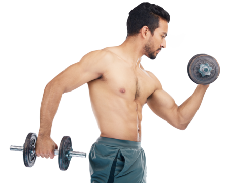 Profile, fitness and dumbbells with a bodybuilder man isolated on a transparent background for health or wellness. Exercise, bicep or muscle with a strong male athlete on PNG for a training workout - Powered by Adobe