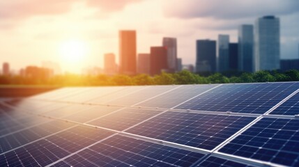 Solar panel solar field with modern city on background, Alternative electricity source concept, Generating electricity clean energy.