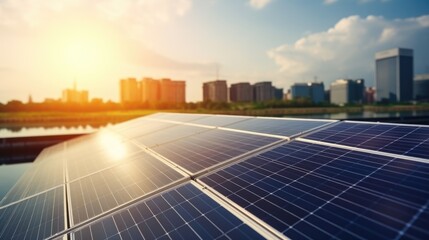 Solar panel solar field with modern city on background, Alternative electricity source concept, Generating electricity clean energy.
