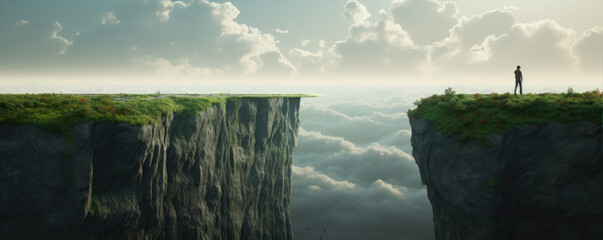 Person standing alone on the edge of the high cliff. Mental health for suicide prevention.