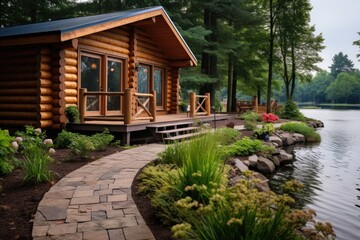 log cabin with a dock and a path leading to the forest