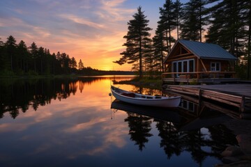 Obraz premium log cabin, dock, and a sailboat floating on a calm lake at sunset
