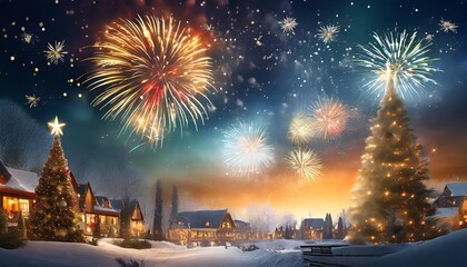 Christmas season background with fireworks in the city - obrazy, fototapety, plakaty