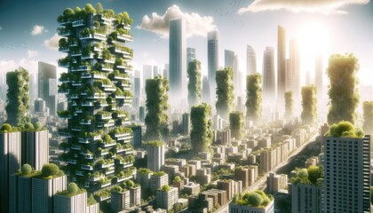 Futuristic Cityscape with Vertical Gardens and Sunlight