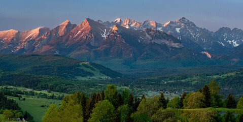 Spring panorama over Spisz highland to Tatra mountains in the morning, Poland and Slovakia.