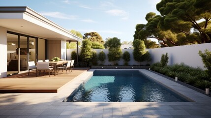 Backyard of a modern residence with a swimming pool made of tiles.