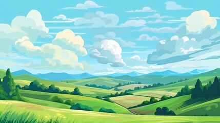 Illustration of summer fields with hills and blue sky with clouds