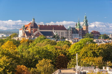 Wawel Castle and over Planty park on a sunny autumn morning