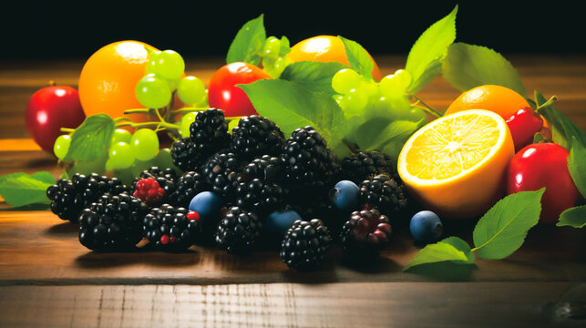 A vibrant, colorful image showcasing an assortment of ripe blackcurrants and citrus fruits, bursting with flavor and freshness, capturing their antioxidant-rich properties