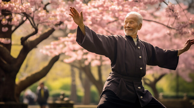 An elderly person dressed in loose-fitting clothing gracefully performs Tai Chi movements in a tranquil garden, surrounded by vibrant flowers and shaded by a cherry blossom tree