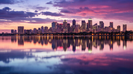 Fototapeta na wymiar City skyline with dramatic evening sky reflecting in calm water