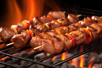 close-up of lamb skewers sizzling on a grill