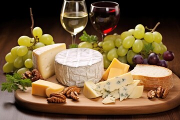 selection of smoked artisan cheeses with grapes