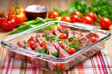 raw marinated lamb skewers on a glass plate