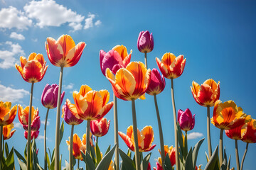 Awesome tulips with shiny blue sky background
