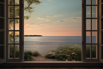 Open window with a view of a body of water