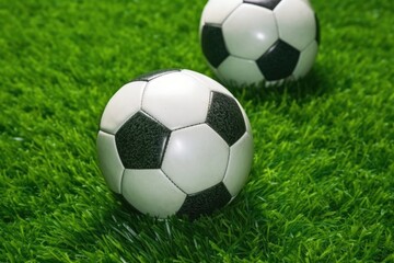 Fototapeta premium close-up of a soccer balls detailed texture on green grass