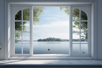 Open window with a view of a body of water