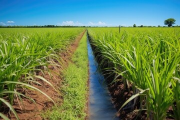 view of furrow irrigation technique in a sugarcane plantation