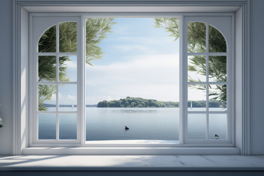 Fototapeta Open window with a view of a body of water