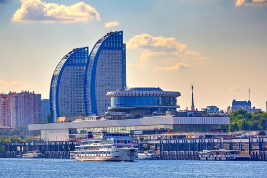 Volgograd, Russia - September 26, 2023: Volgograd river port. View from the Volga River. Embankment.