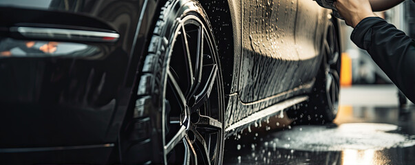 Black sport car wheel detail covered with shampoo ready to clean. Car Tire or alluminium wheel wash. copy space for text. - obrazy, fototapety, plakaty
