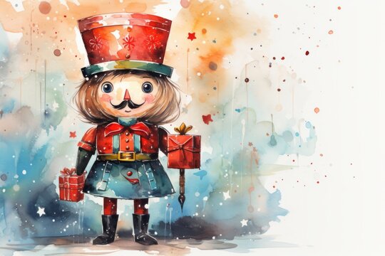 A Vibrant Watercolour Nutcracker with a Festive Gift in Hand - A watercolour painting of a nutcracker holding a present in each hand