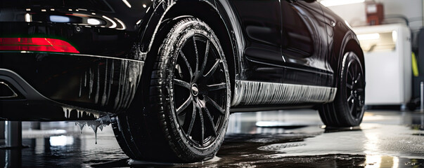 Black sport car wheel detail covered with shampoo ready to clean. Car Tire or alluminium wheel wash. copy space for text. - obrazy, fototapety, plakaty