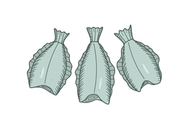 Halibut set drawing doodle of a headless fish. Flounder vector illustration of raw or dried fish, seafood.