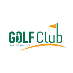 Golf training club logo with angles, aim sight, horizon techniques and flag. A Golfer taking a shot. Putting training and practice. Symbol of elite sports in high quality vector.