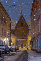 St Francis church in the night seen from Bracka street, Krakow, Poland