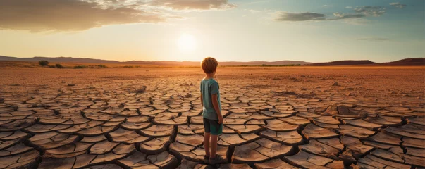 Foto op Canvas Small boy standing on dry lake or land. enviroment concept. cracked earth panorama photo. © Alena