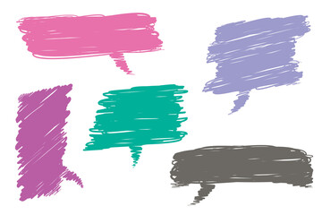 Colorful scribble speech bubbles with empty space. Hand drawn different shapes speech bubble elements. Social chat symbols. Vector illustration on isolated background.