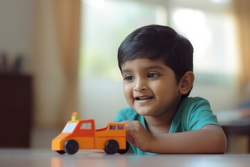 Indian boy playing at home with car. Cute game education camp learning. Generate Ai - obrazy, fototapety, plakaty