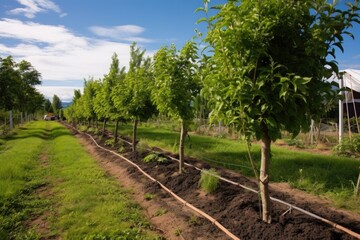Fototapeta na wymiar row of fruit trees in a permaculture food forest