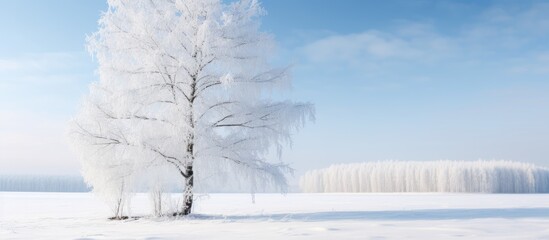 During the winter season a birch tree is adorned in a layer of snow and frost