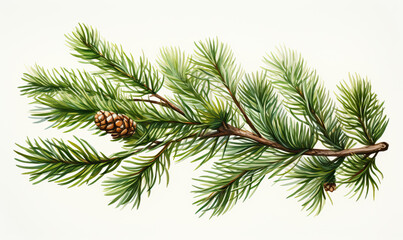 Coniferous branch on a white background in vintage style.