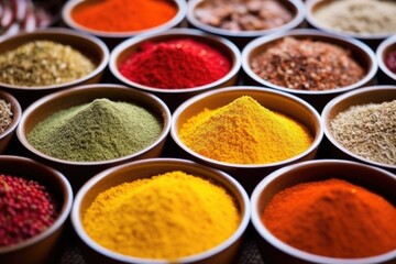 close-up shot of various colorful spice rubs in small bowls